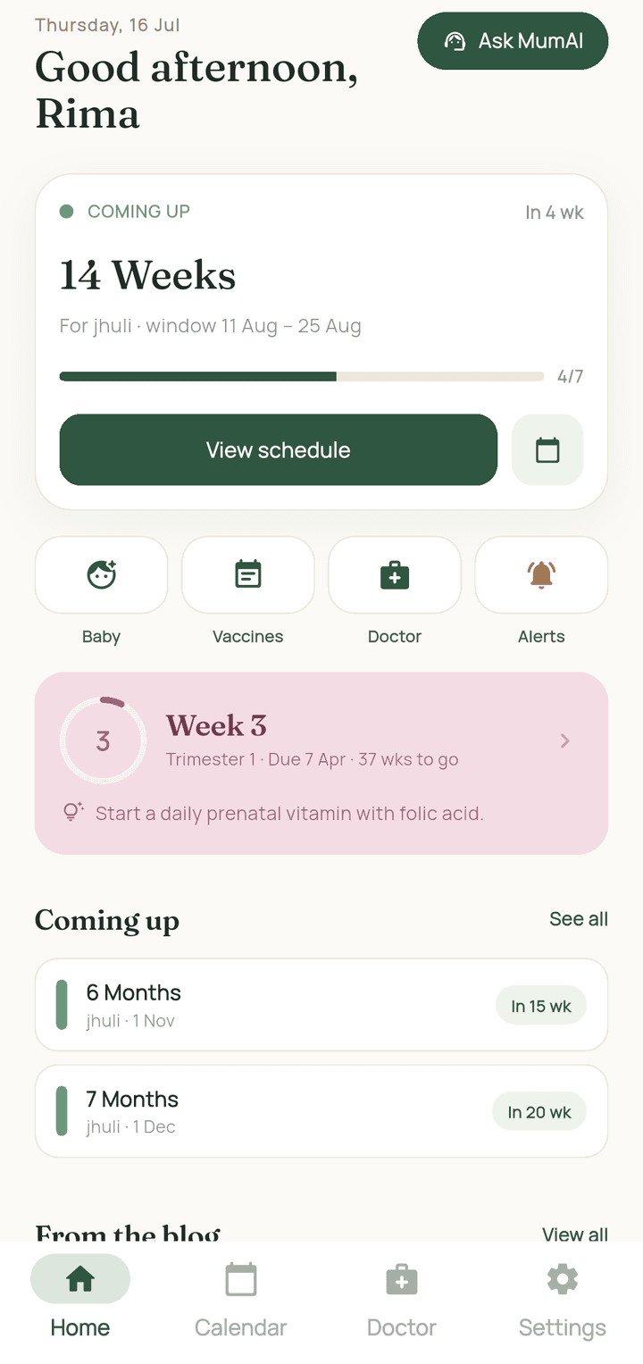 Baby Nidan app home screen showing an upcoming 14-week vaccination, quick actions for baby, vaccines, doctor and alerts, and a week-3 pregnancy card